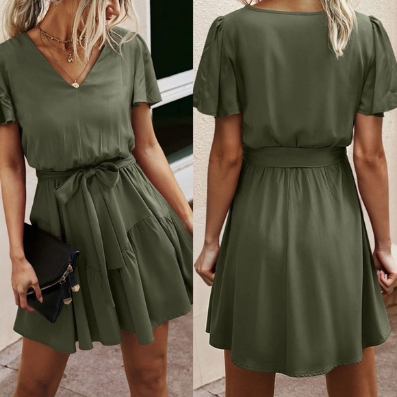 Short sleeve v neck belted flowy boho dress burnt orange - Picture 6 of 8